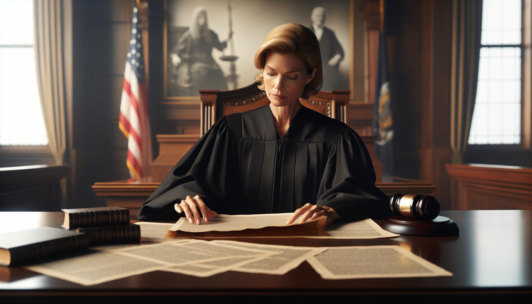 Probate judge reviewing legal documents in courtroom, emphasizing empathy and decision-making in family matters.